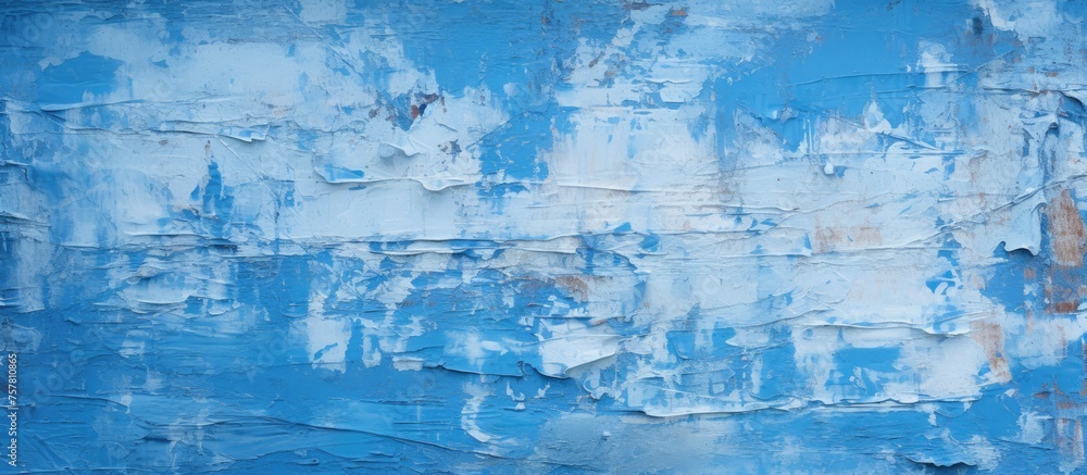 Canvas Prints A detailed shot of a weathered blue and white wall with peeling art paint resembling a natural landscape with fluid textures and electric blue tones