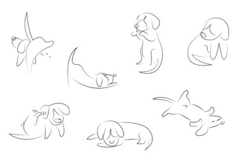 Set of dogs line art. Continuous line drawing. Cute dog. Minimalist black linear sketch isolated on white background. Vector illustration. Hand drawn minimalism style. Playing. Peeing. Sleeping.
