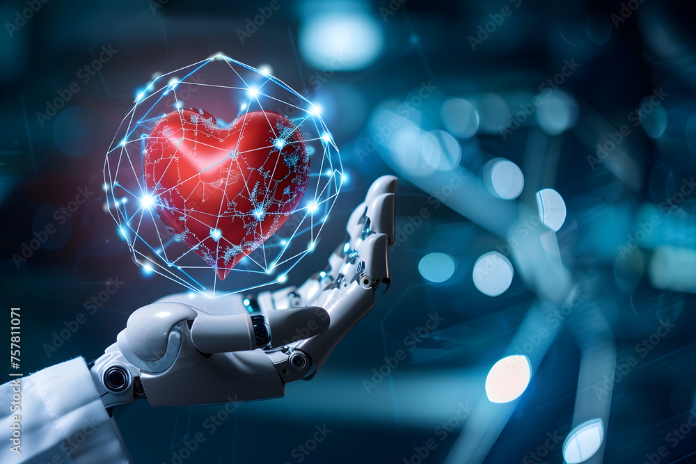 Wall mural medicine robot doctor holding red heart shape in hand with medical icon network connection modern vi