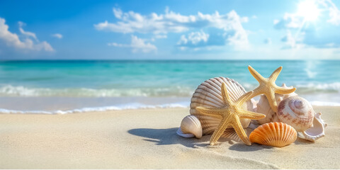 Fototapeta na wymiar Summer beach with starfish and shells with background sea. Space for text