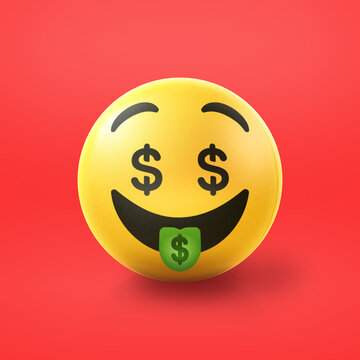 Money tongue Emoji stress ball on shiny floor. 3D emoticon isolated.