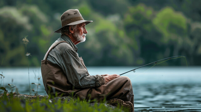 An old man in loose clothes and a hat sat casually by the lake while fishing. AI generated Images