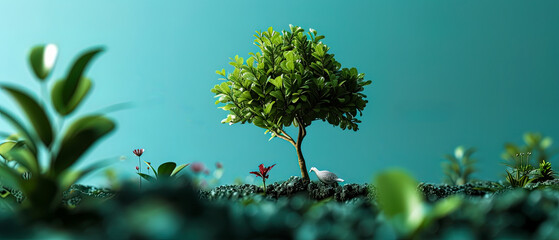 A small tree is growing in a field with a blue sky in the background, peacefulness, ECO - obrazy, fototapety, plakaty