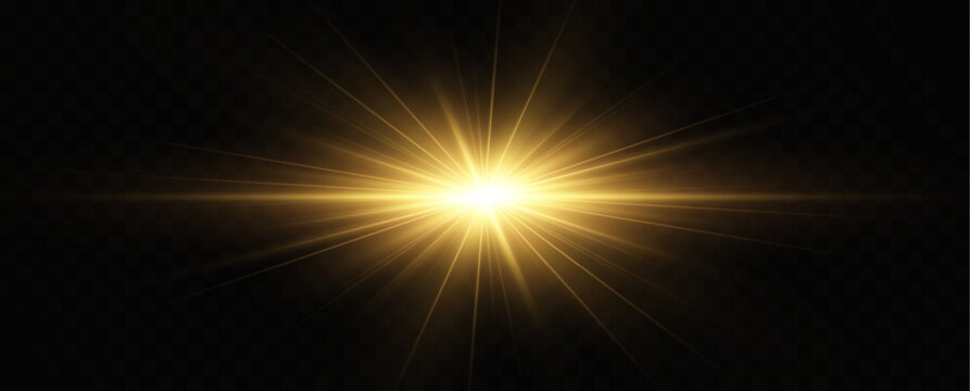Collection of realistic light flashes.Golden shining light effect.Bright sun sparkles with stars and sparkles.	