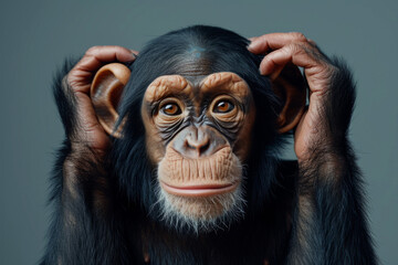 Award-winning studio portrait of a funny chimpanzee in a playful pose