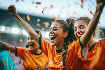 Joyful young female soccer team celebrating a victory on the field