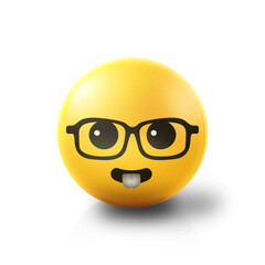 Nerdy and Geeky glasses Emoji stress ball on shiny floor. 3D emoticon isolated.