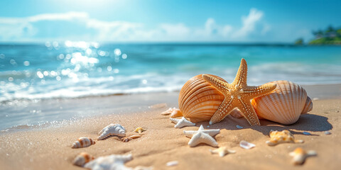 Fototapeta na wymiar Summer beach with starfish and shells with background sea. Space for text