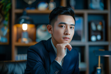 portrait of a businessman is thinking while he work in his office photo
