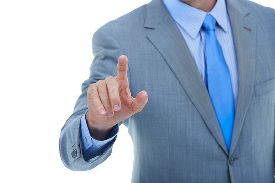 Businessman, hands and pointing with touch for UI, UX or interaction on a white studio background. Closeup of man or male person with finger on invisible interface or selection with mockup space