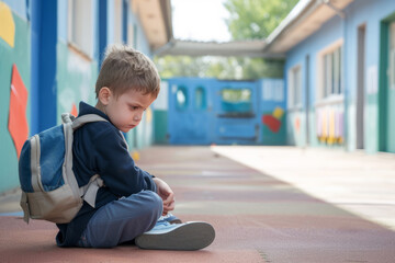 Sad young boy sitting alone with a backpack at school playground