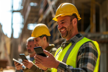 Fototapeta na wymiar Smiling Construction Workers on Site Checking Smartphones During Break