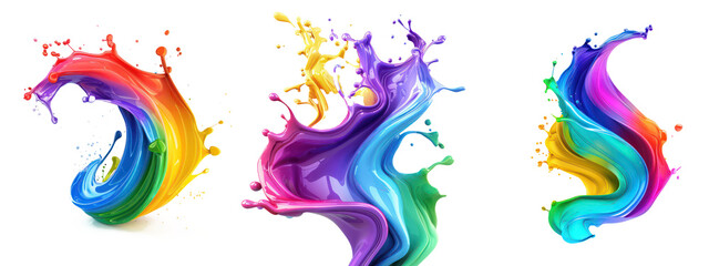 Set of Rainbow wave paints. Colorful paint splashing. Isolated on the transparent background