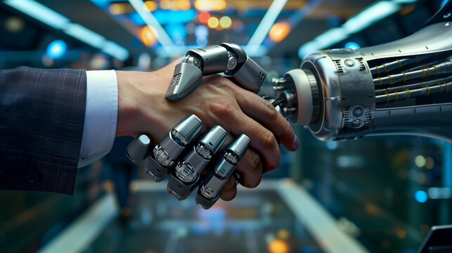a businessman's hand shakes hands with an AI robot. Ai generated Images