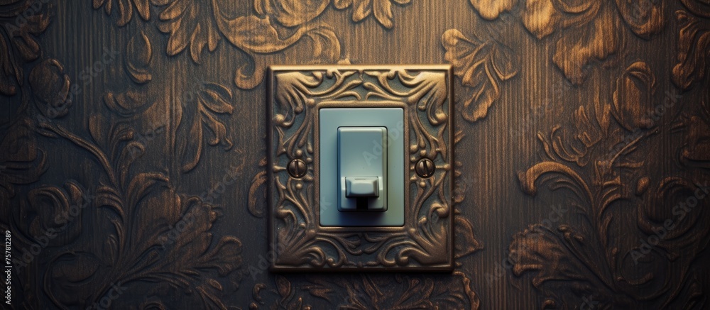 Poster a metal light switch placed on a rectangular wall with patterned wallpaper. the fixture adds to the 
