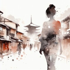 Kyoto Gion street view in splash ink painting with Generative AI.