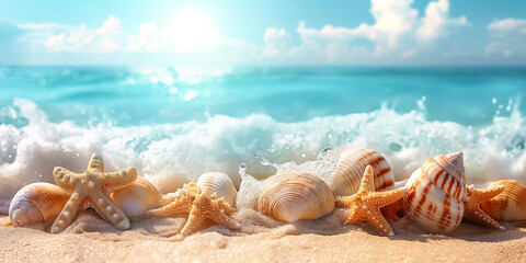 Summer beach with starfish and shells with background sea. Space for text