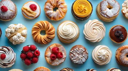 Group of assorted pastries isolated on blue background. Pastry, cakes, buns, biscuits, sweets.