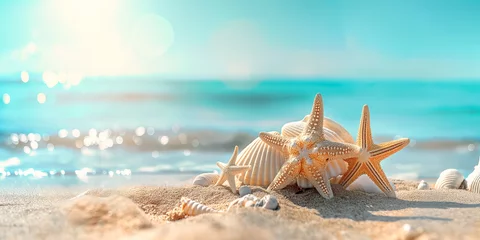 Afwasbaar Fotobehang Turquoise Summer beach with starfish and shells with background sea. Space for text
