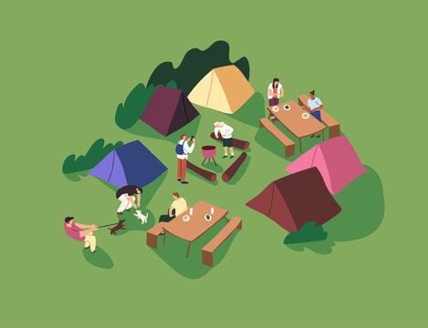 People relax with tents on grass clearing in summer holidays. Women setting picnic table. Men play with dog outdoor. Friends communicate, do barbecue in camping at nature. Flat vector illustration