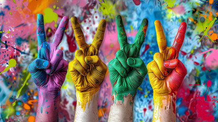 Picture of five hands holding up two fingers, bright colors, with colors on the background. - obrazy, fototapety, plakaty