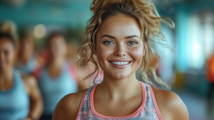 Happy overweight beautiful woman on a group workout in a fitness club. Dance training, aerobic workout, group training. Plus size woman in class with another girls, healthy concept. Сardio workout. - obrazy, fototapety, plakaty
