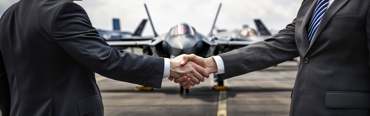 Politician and businessman shake hands over an arms transaction. Buying fighter jets. Big money is spent on war. Trillions of dollars go to military and homeland security companies around the world. - obrazy, fototapety, plakaty