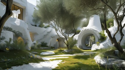 A futuristic Greek island residence with whitewashed walls, AI-controlled olive groves, and holographic ancient ruins in the backyard.