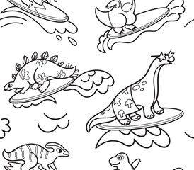 Black and white surfing Dino Team seamless pattern, colouring print - 757813068