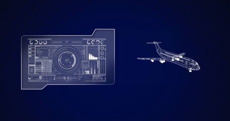 Image of 3d airplane drawing with scope scanning and data processing
