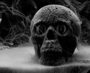 Homemade scary skull with menacing eyes with unique fog and mist patterns swirling round the skull