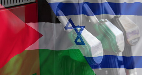 Image of oil petrol pumps over flag of israel and palestine