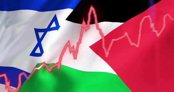 Image of arrows and financial data processing over flag of israel and palestine - Powered by Adobe