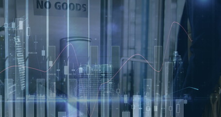 Image of financial data processing over busy city