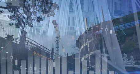 Image of financial data processing over constructions site and busy city