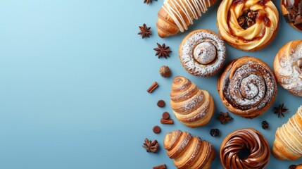 Fototapeta premium Group of assorted pastries isolated on blue background. Pastry, cakes, buns, biscuits, sweets. Copy space.