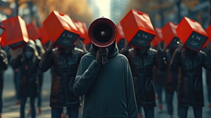 Anonymous Leader at Dystopian Rally, incognito figure addresses a crowd using a megaphone at a rally where participants carry red geometric masks, evoking a sense of mystery and dissent - obrazy, fototapety, plakaty
