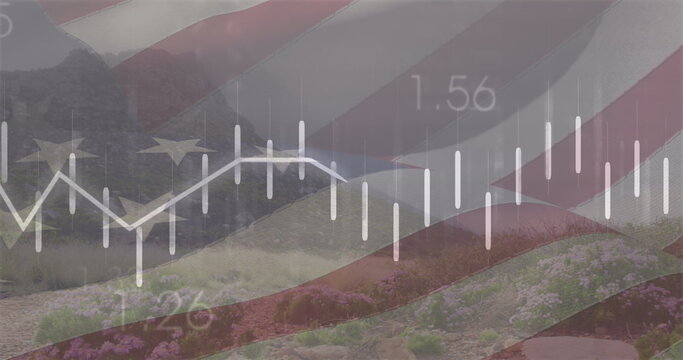 Naklejki Image of financial data processing and flag of usa over landscape
