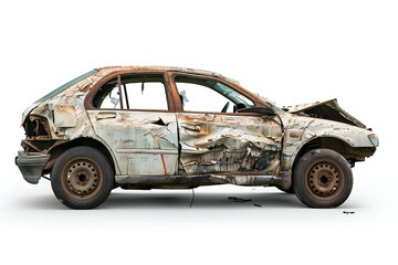 Broken car isolated on white background Generative Ai 
