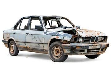 Broken car isolated on white background Generative Ai 
