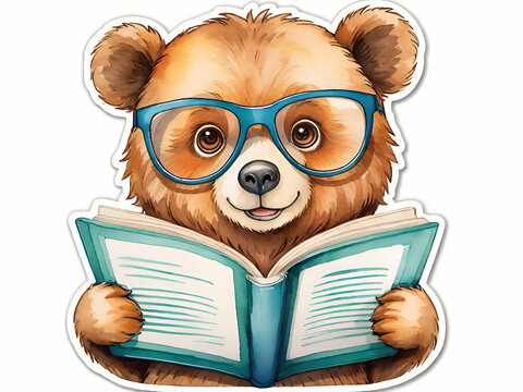kids bear Wear glasses read a book at school white background 