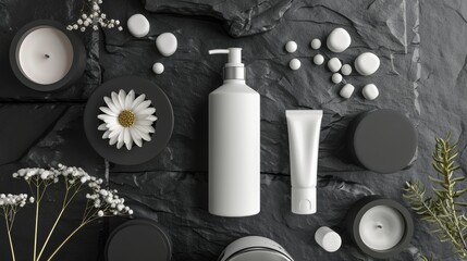 Obraz na płótnie Canvas white and black cosmetic cosmetic skincare products. Shampoo, oil, butter, and conditioner. Realistic cosmetics product bottles, tubes, and plastic containers. Product placement mock-up