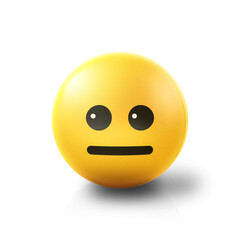Neutral and emotionless Emoji stress ball on shiny floor. 3D emoticon isolated.
