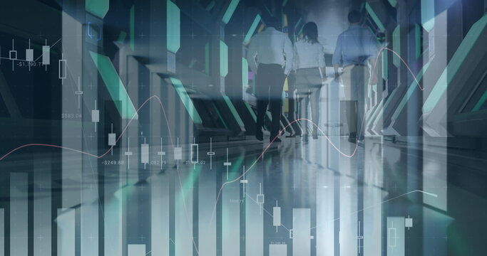 Composite image of statistical data processing against people walking in the server room at office - Powered by Adobe