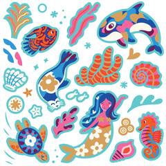 Sticker collection of wonderful whimsical ocean creatures. Vector illustration - 757814628