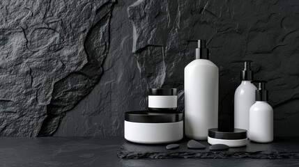white and black cosmetic cosmetic skincare products. Shampoo, oil, butter, and conditioner. Realistic cosmetics product bottles, tubes, and plastic containers. Product placement mock-up