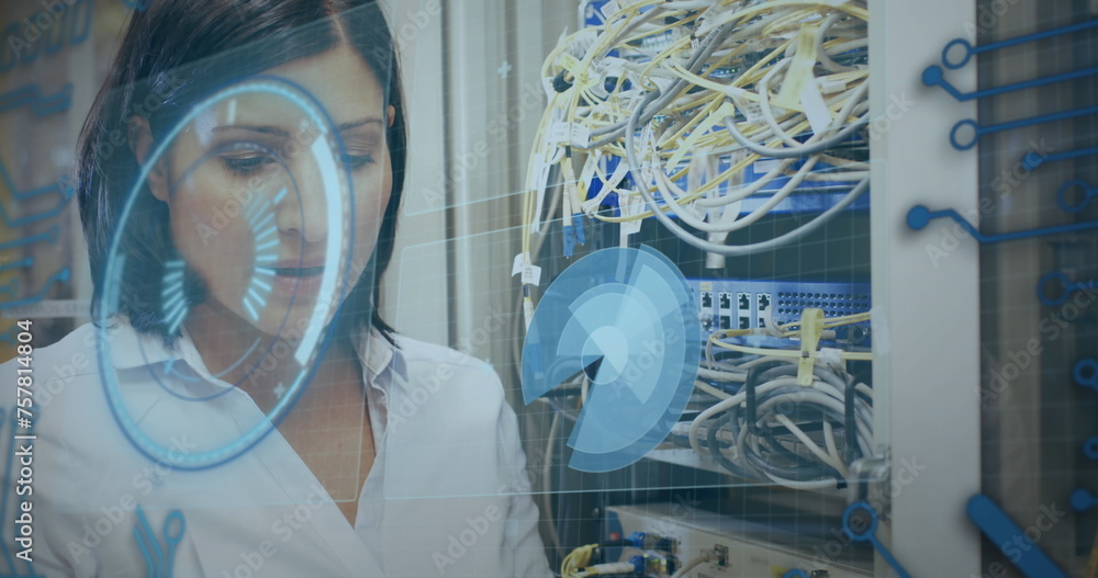 Poster image of globe and data processing over caucasian female scientist working in lab