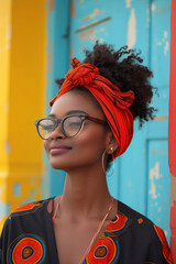 Close up portrait of a beautiful young african american black woman with afro hairstyle on colorful bold abstract background. Vertical poster for cafe, home decoration. Beautiful black young woman