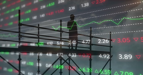 Image of female architect on scaffolding with financial data processing and statistics