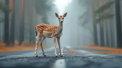 Foto auf Leinwand Solitary Deer on Misty Road, lone deer stands on a wet road, shrouded by the fog of an ethereal forest, evoking a sense of calm and curiosity in its natural habitat © Anastasiia